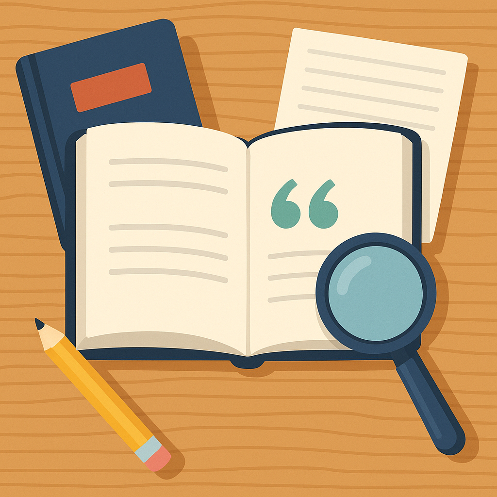 Flat-style illustration of academic tools including an open book, magnifying glass, pencil, and papers on a wooden desk.