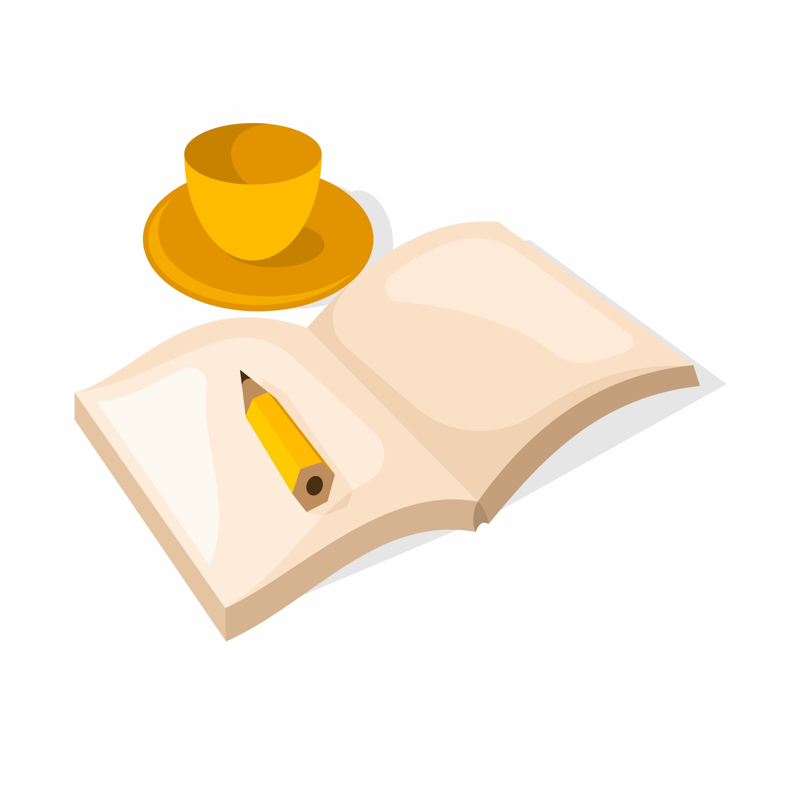 Open notebook with a pencil and a yellow coffee cup on a saucer.
