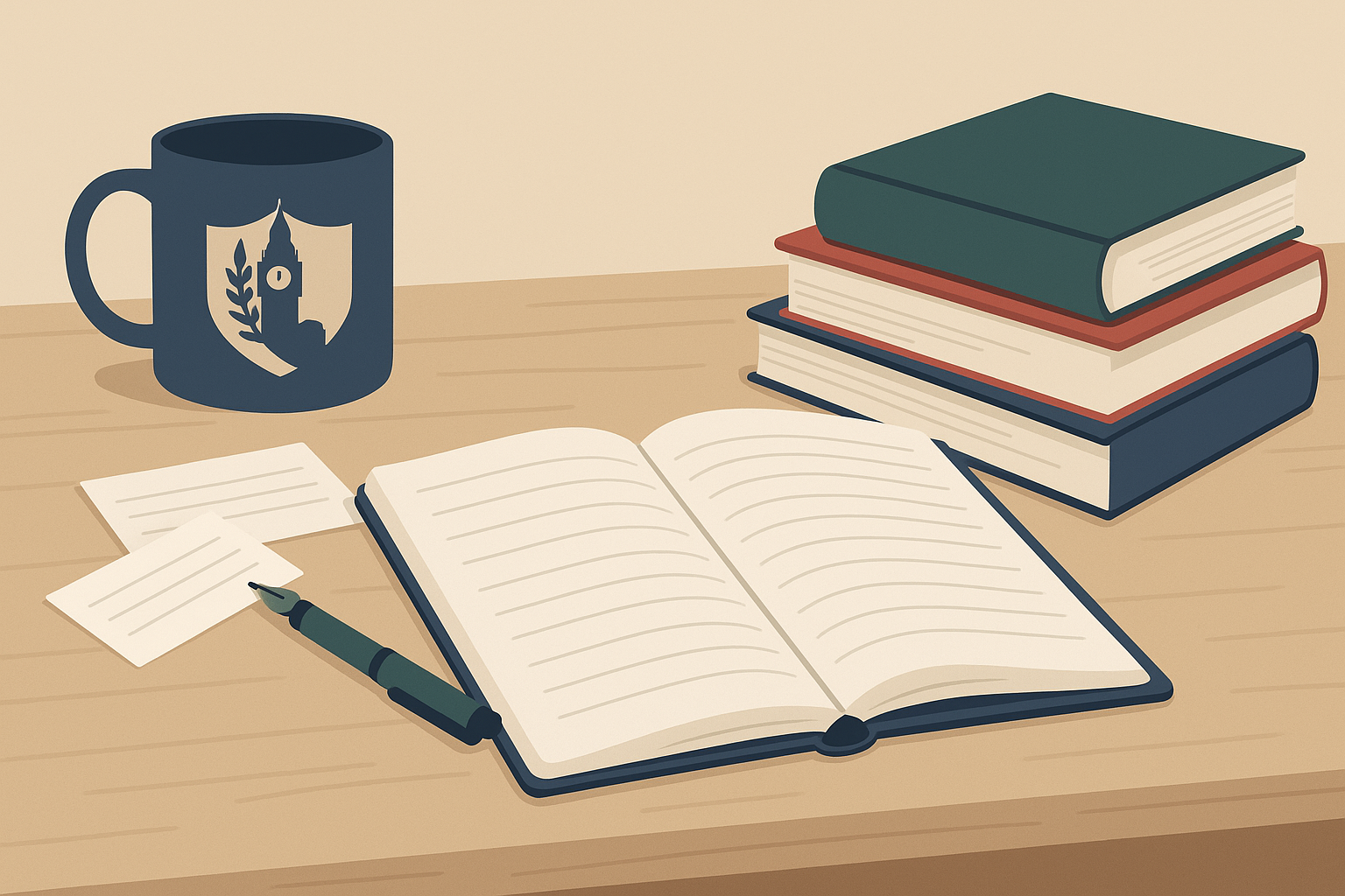 Minimal study desk with open notebook, fountain pen, index cards, mug and stacked books on a light wood surface